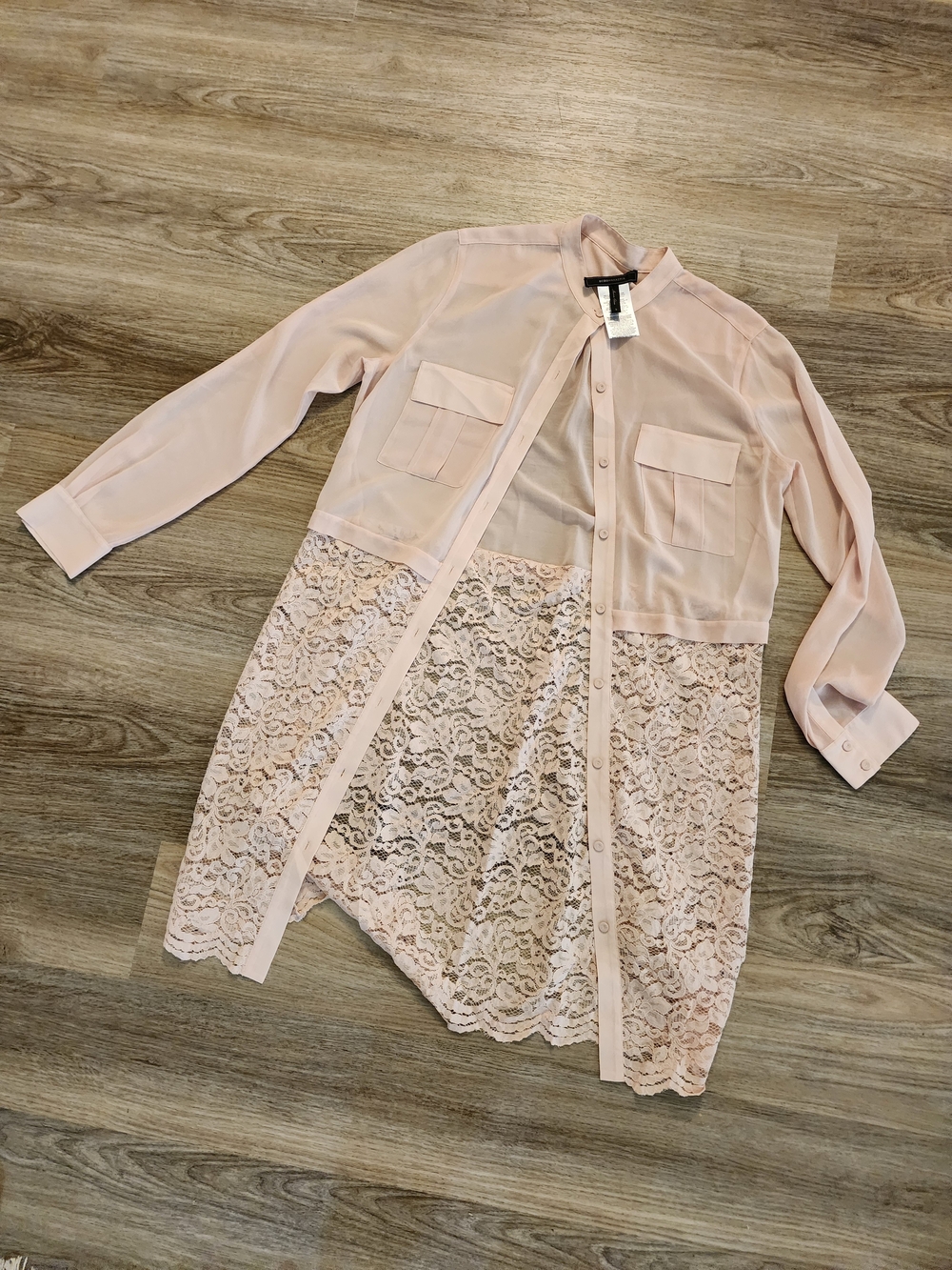 BCBGMaxAzria Blush Pink Sheer Lace-Trim Longline Shirt Jacket